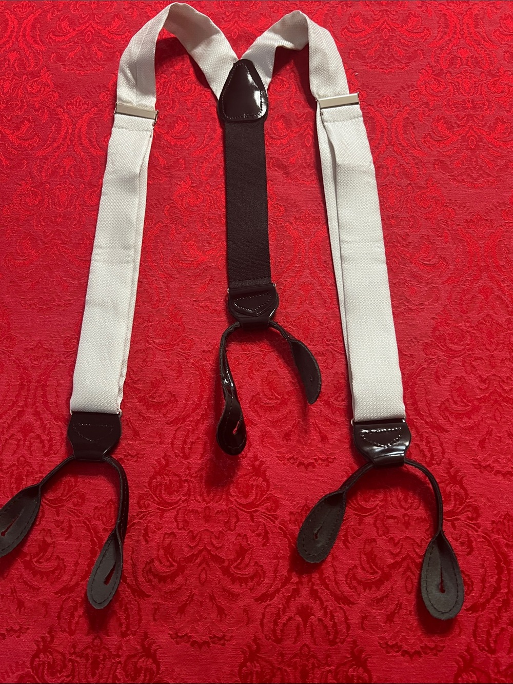 Men's 100% Silk Button Suspenders Silver Gray Black Leather Y-Back Braces